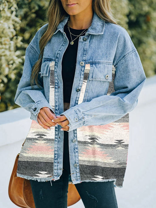 Collared Neck Dropped Shoulder Denim Jacket-Teresa&#39;s Fashionista LLC