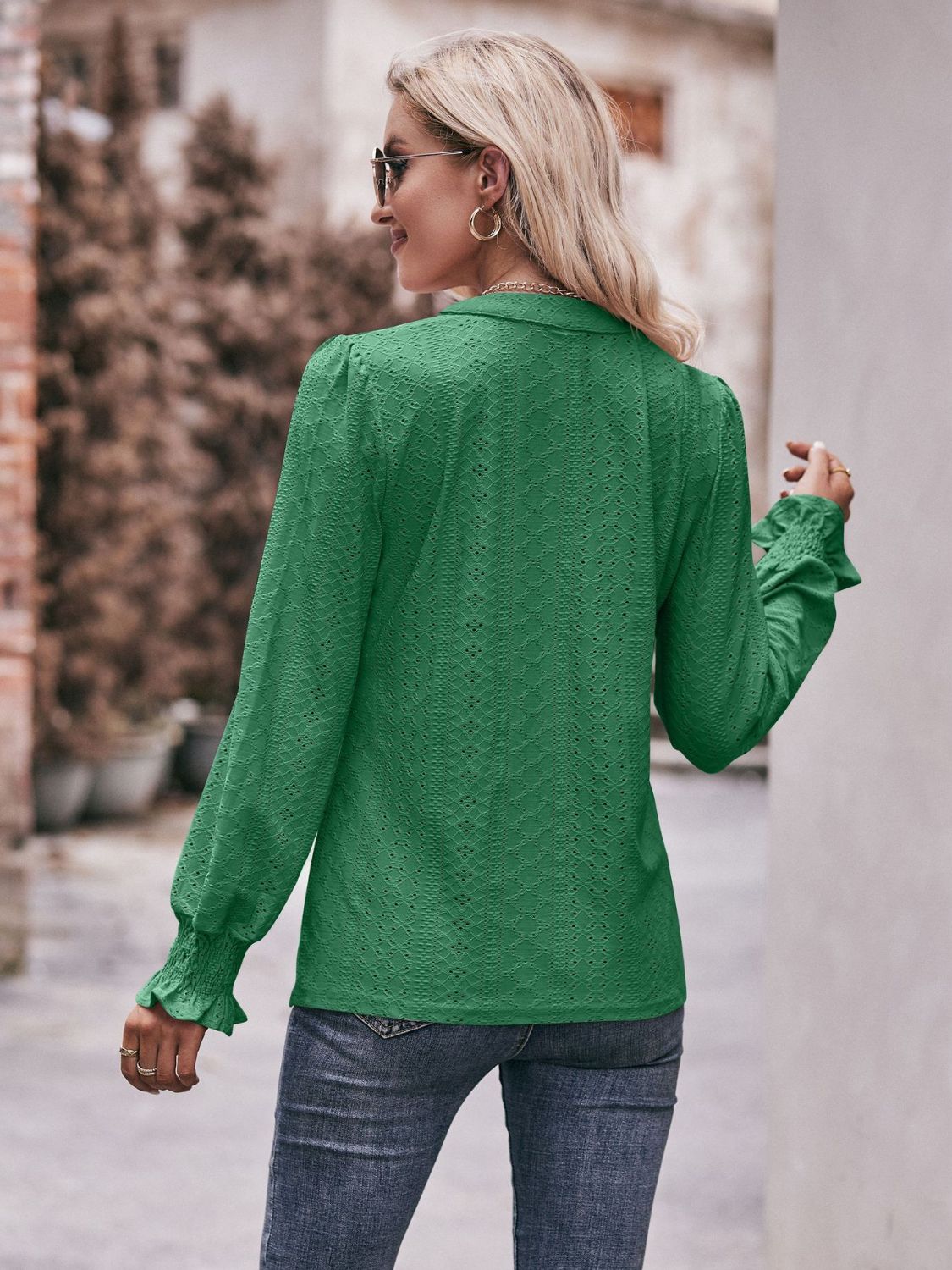 Eyelet Notched Neck Flounce Sleeve Blouse-Teresa&#39;s Fashionista LLC