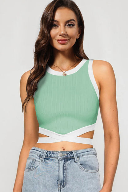 Contrast Tie Back Round Neck Tank-Teresa&#39;s Fashionista LLC