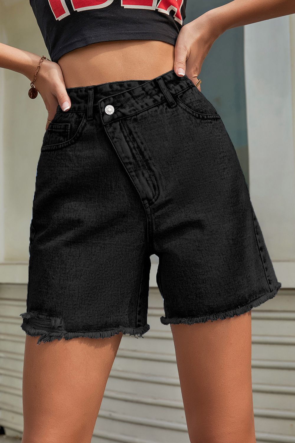 Buttoned Raw Hem Denim Shorts-Teresa&#39;s Fashionista LLC