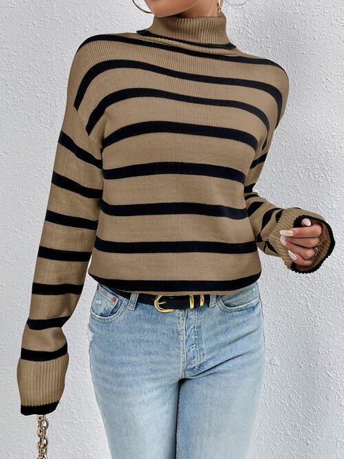 Striped Turtleneck Long Sleeve Sweater-Teresa&#39;s Fashionista LLC