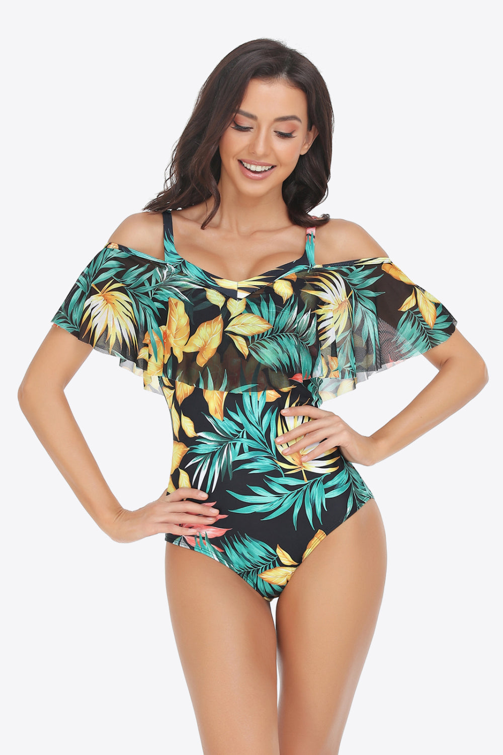 Botanical Print Cold-Shoulder Layered One-Piece Swimsuit-Teresa&#39;s Fashionista LLC