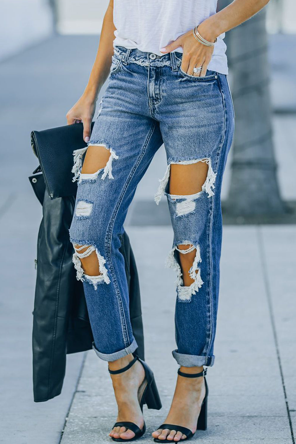 Distressed Frayed Trim Straight Leg Jeans-Teresa&#39;s Fashionista LLC