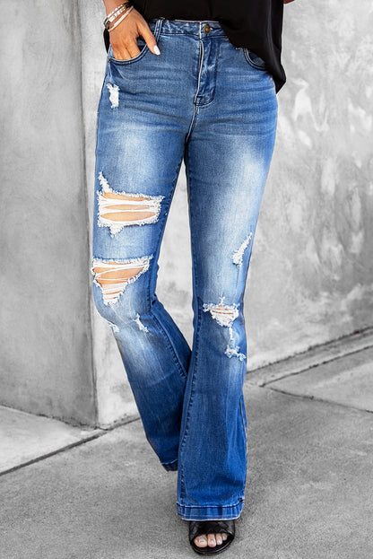 Distressed Flare Leg Jeans with Pockets-Teresa&#39;s Fashionista LLC