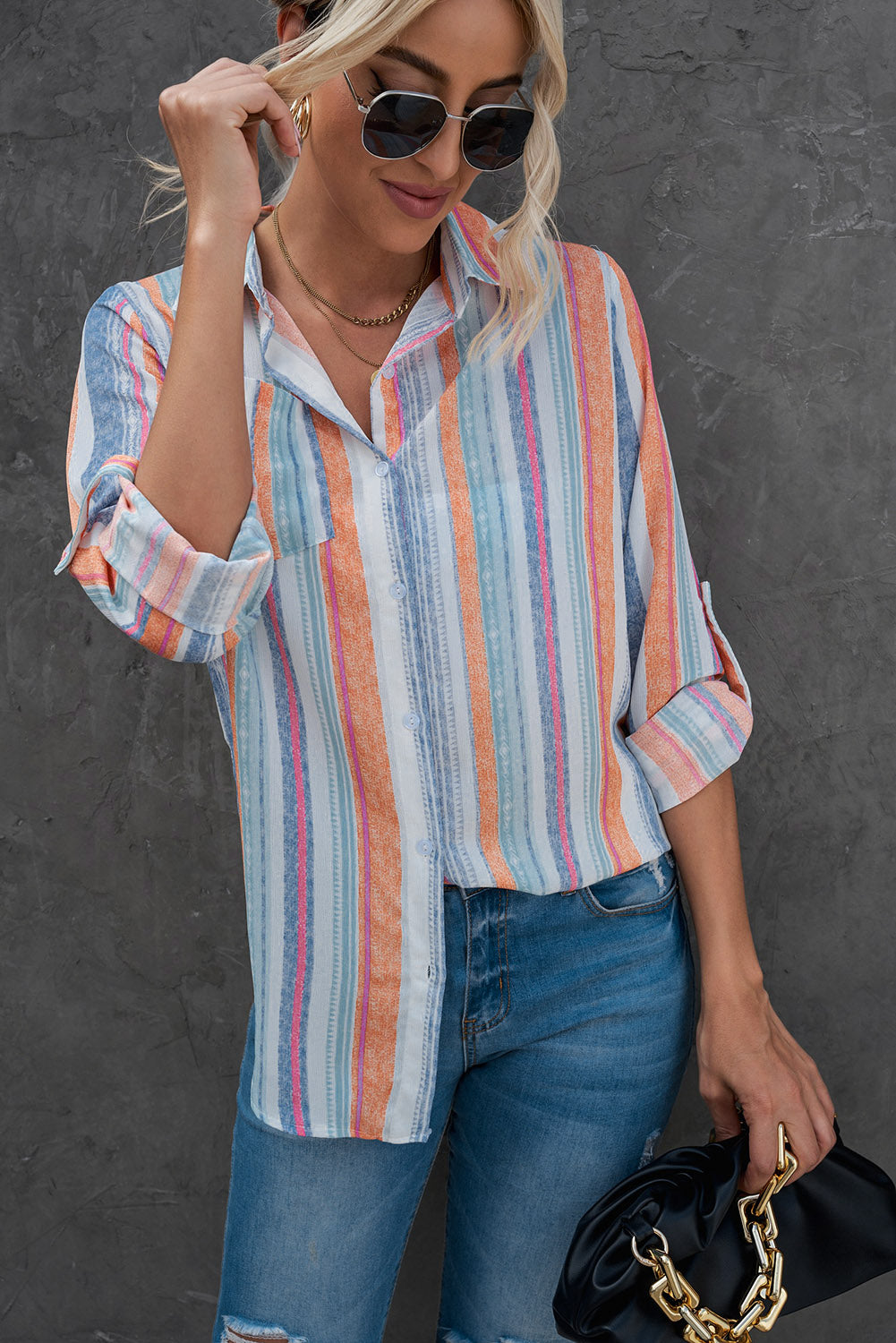 Striped Button-Up Curved Hem Shirt with Breast Pocket-Teresa&#39;s Fashionista LLC