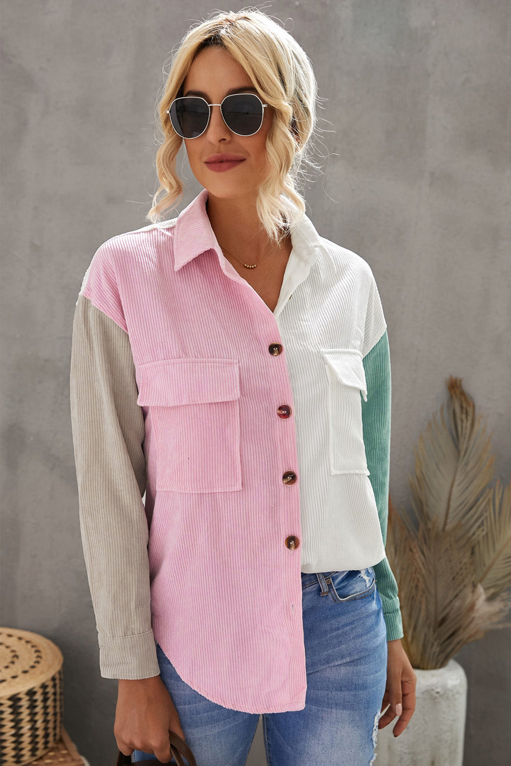 Color Block Button Front Shirt with Pockets-Teresa&#39;s Fashionista LLC