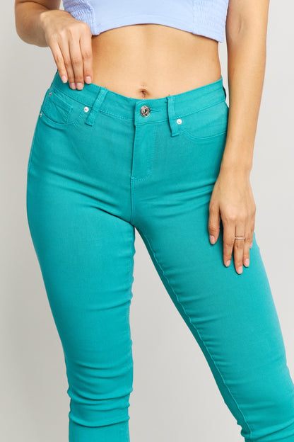 YMI Jeanswear Kate Hyper-Stretch Full Size Mid-Rise Skinny Jeans in Sea Green-Teresa&#39;s Fashionista LLC