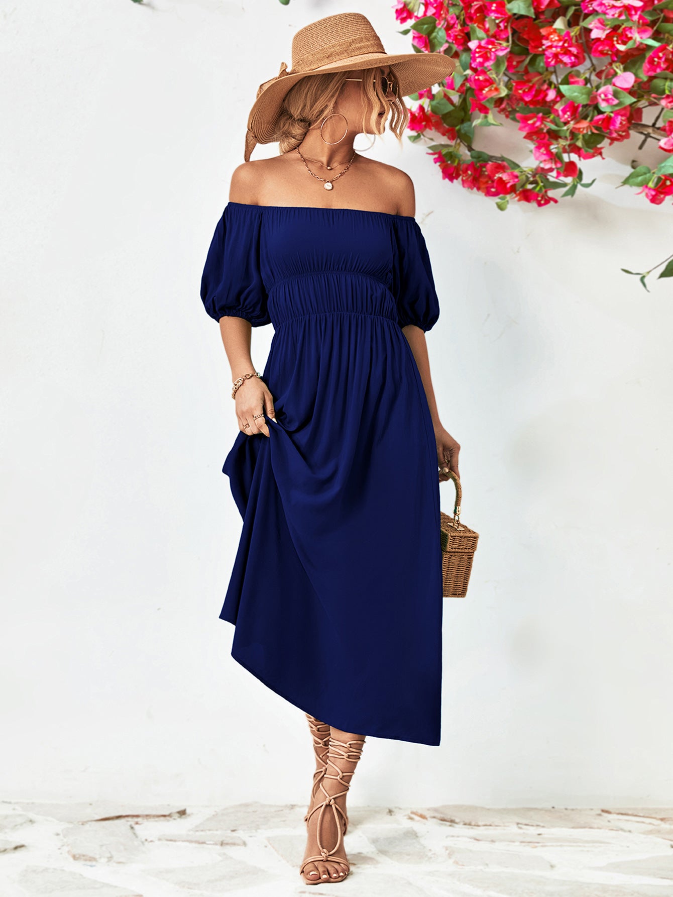 Off-Shoulder Balloon Sleeve Midi Dress-Teresa&#39;s Fashionista LLC