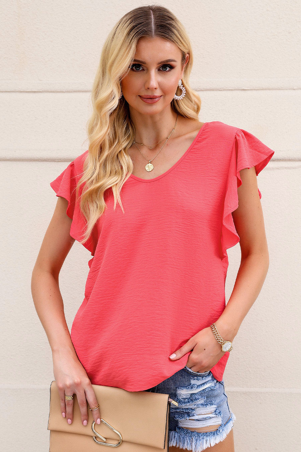 V-Neck Tied Flutter Sleeve Blouse-Teresa&#39;s Fashionista LLC