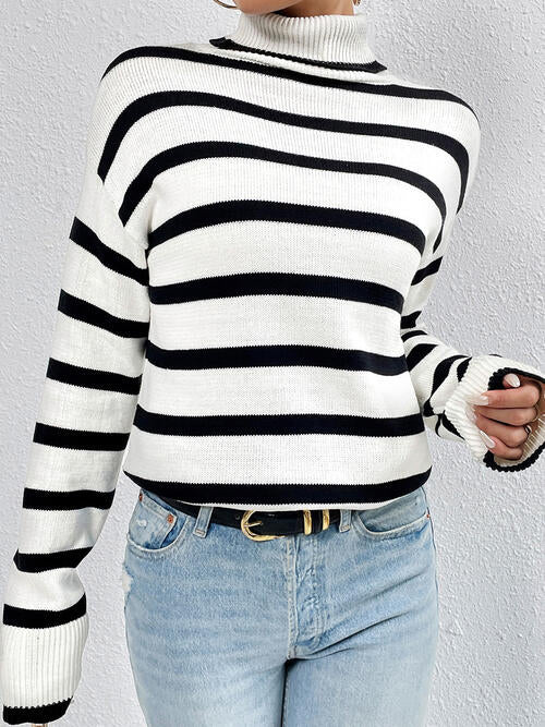 Striped Turtleneck Long Sleeve Sweater-Teresa&#39;s Fashionista LLC