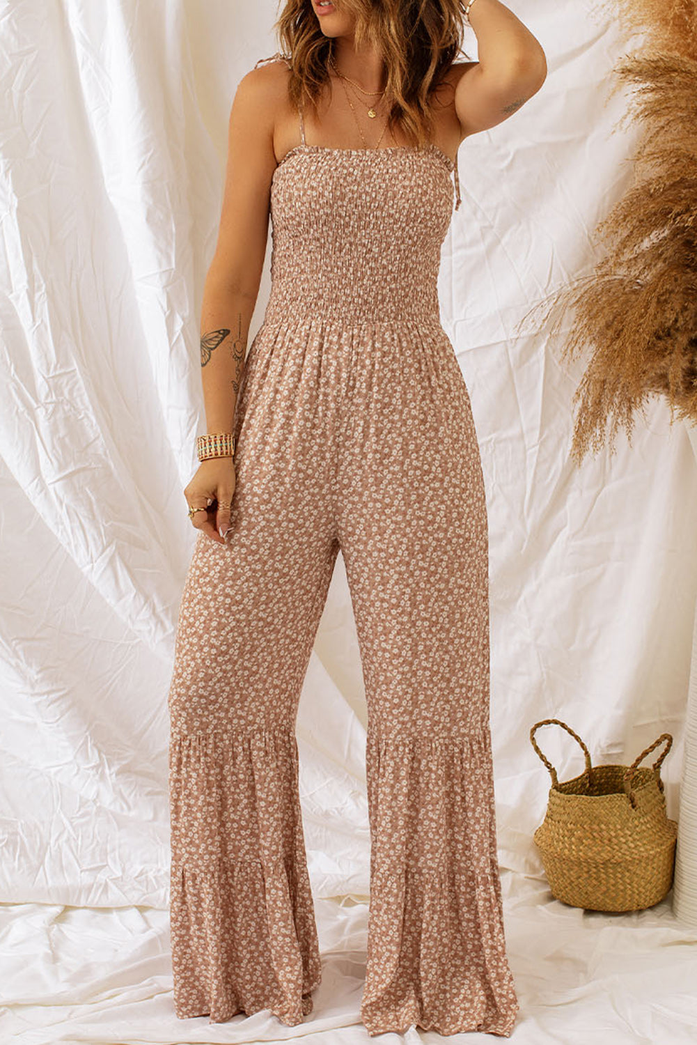 Floral Spaghetti Strap Smocked Wide Leg Jumpsuit-Teresa&#39;s Fashionista LLC