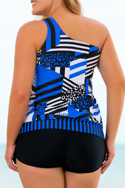 Plus Size Patchwork Tied One-Shoulder Tankini Set-Teresa&#39;s Fashionista LLC