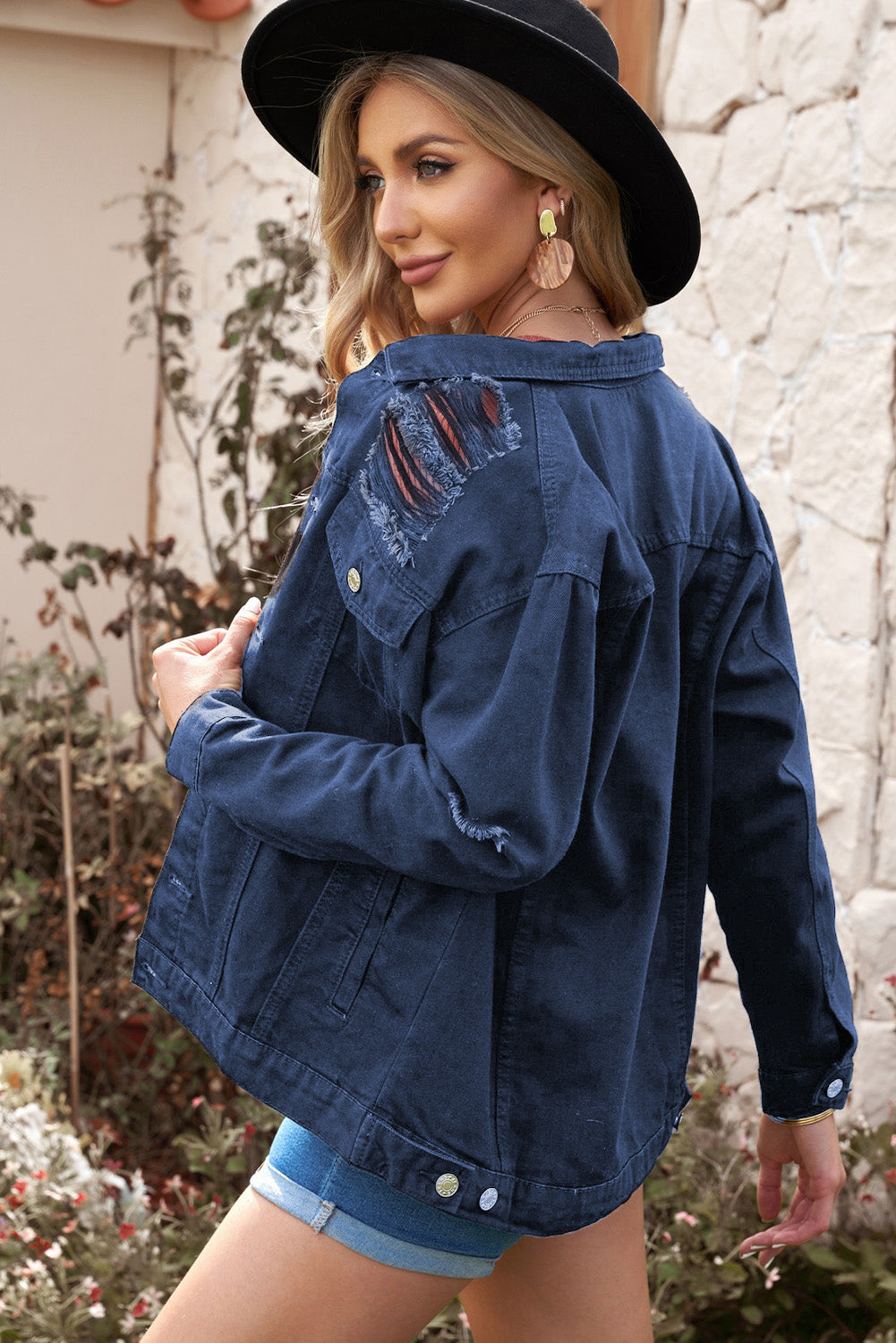 Distressed Button-Up Denim Jacket with Pockets-Teresa&#39;s Fashionista LLC