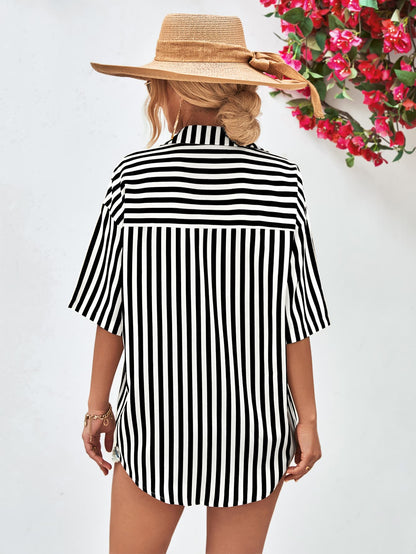 Striped Dropped Shoulder Half Sleeve Shirt-Teresa&#39;s Fashionista LLC