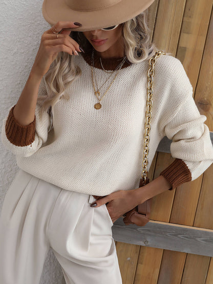 Contrast Trim Drop Shoulder Pullover Sweater-Teresa&#39;s Fashionista LLC