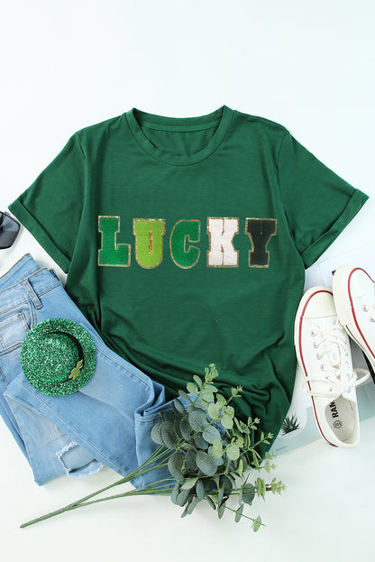 LUCKY Round Neck Short Sleeve T-Shirt-Teresa&#39;s Fashionista LLC