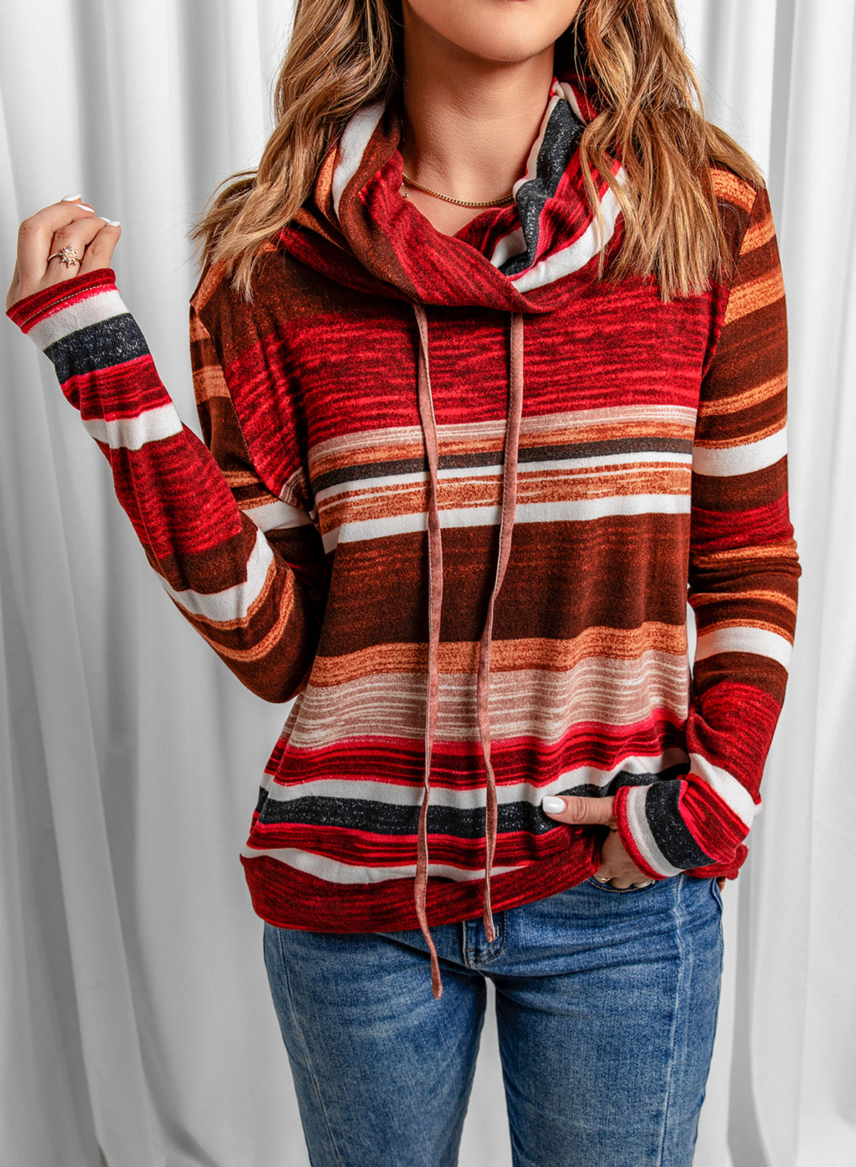 Striped Cowl Neck Tunic Sweatshirt-Teresa&#39;s Fashionista LLC