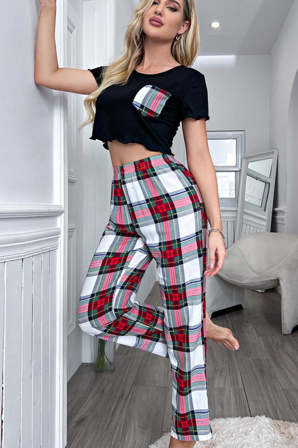 Lettuce Trim Cropped T-Shirt and Plaid Pants Lounge Set-Teresa&#39;s Fashionista LLC