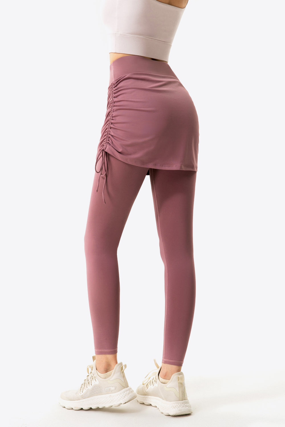 Drawstring Ruched Faux Layered Yoga Leggings-Teresa&#39;s Fashionista LLC