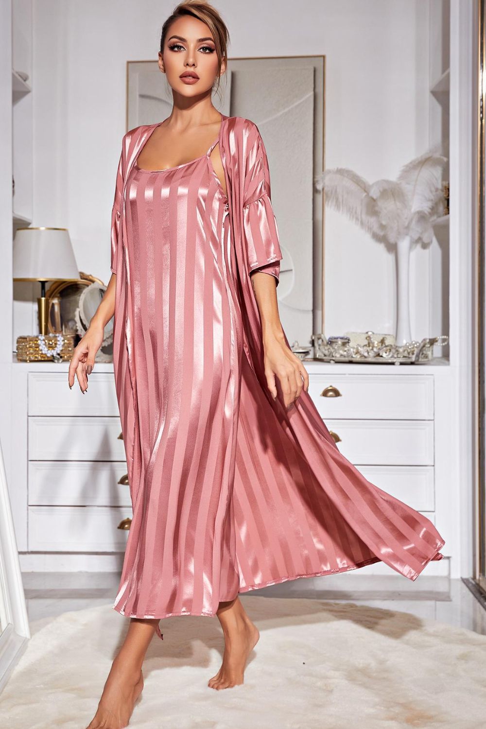 Striped Flounce Sleeve Open Front Robe and Cami Dress Set-Teresa&#39;s Fashionista LLC