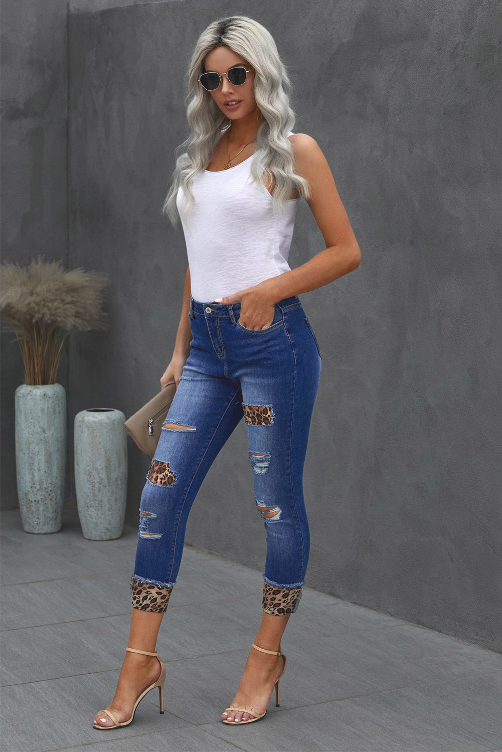 Baeful Leopard Patch Distressed Cropped Jeans-Teresa&#39;s Fashionista LLC