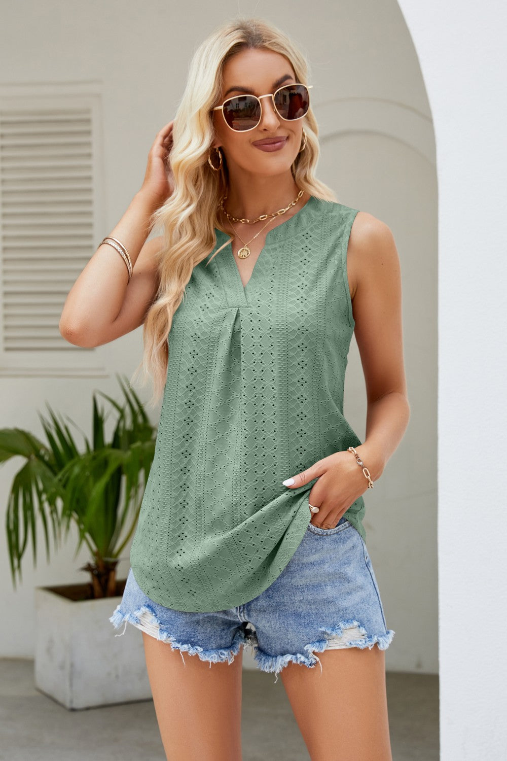 Notched Neck Curved Hem Eyelet Tank-Teresa&#39;s Fashionista LLC