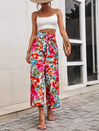 Floral Tie Belt Wide Leg Pants-Teresa&#39;s Fashionista LLC