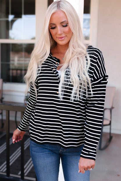 Striped Half Button Frill Trim Top-Teresa&#39;s Fashionista LLC