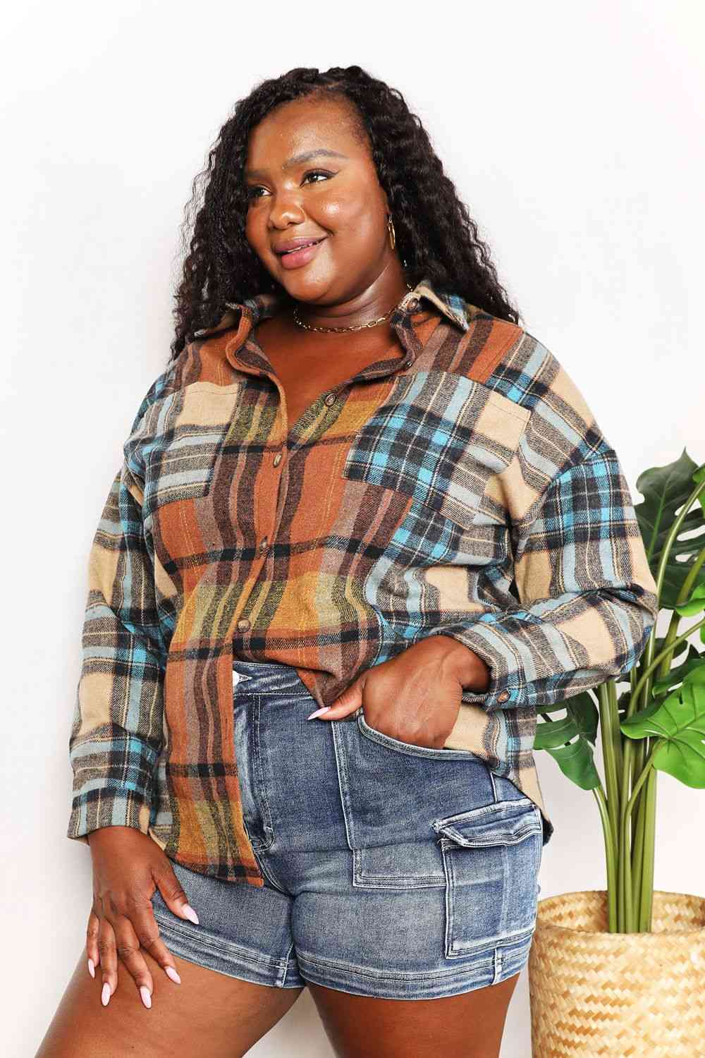 Double Take Plaid Curved Hem Shirt Jacket with Breast Pockets-Teresa&#39;s Fashionista LLC