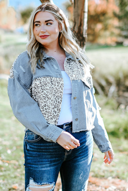 Plus Size Leopard Raw Hem Distressed Spliced Denim Jacket-Teresa&#39;s Fashionista LLC