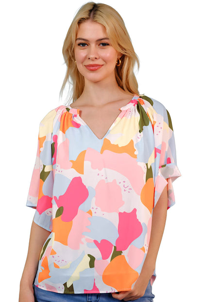 Printed Notched Neck Half Sleeve Blouse-Teresa&#39;s Fashionista LLC