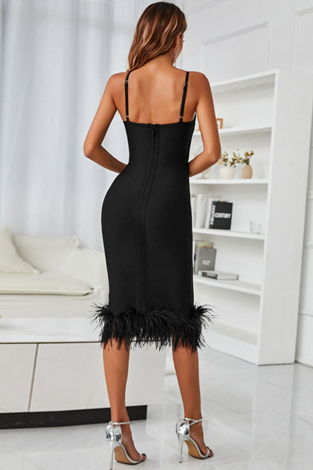 Spaghetti Strap Feather Trim Bodycon Dress - Teresa's Fashionista LLC