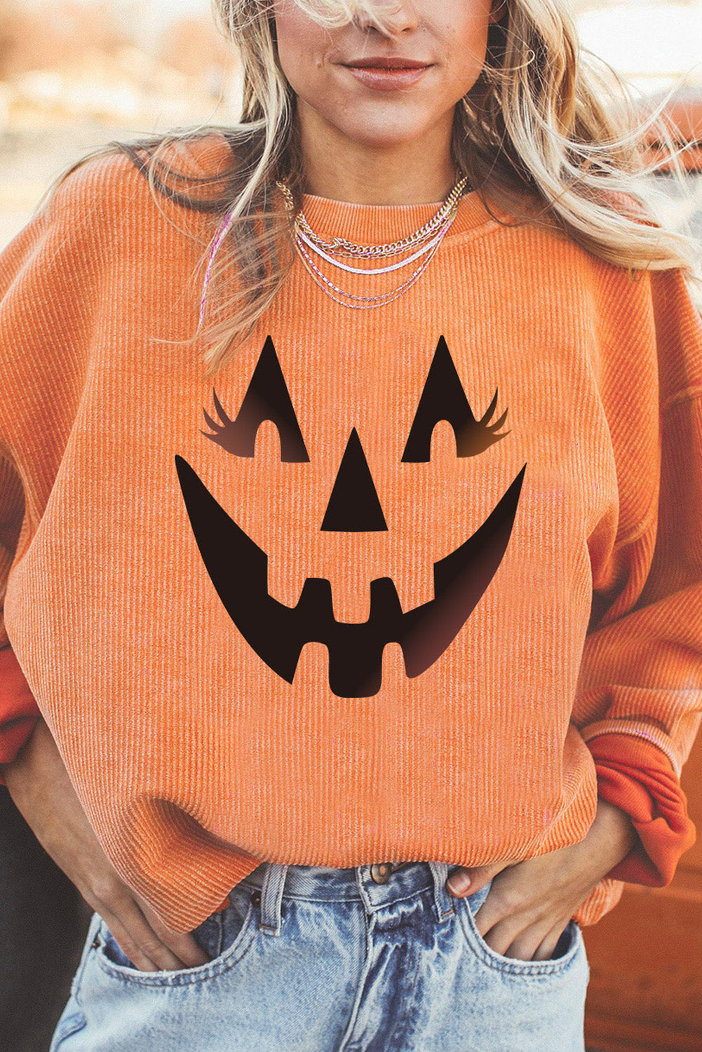 Round Neck Dropped Shoulder Jack-O'-Lantern Graphic Sweatshirt-Teresa&#39;s Fashionista LLC