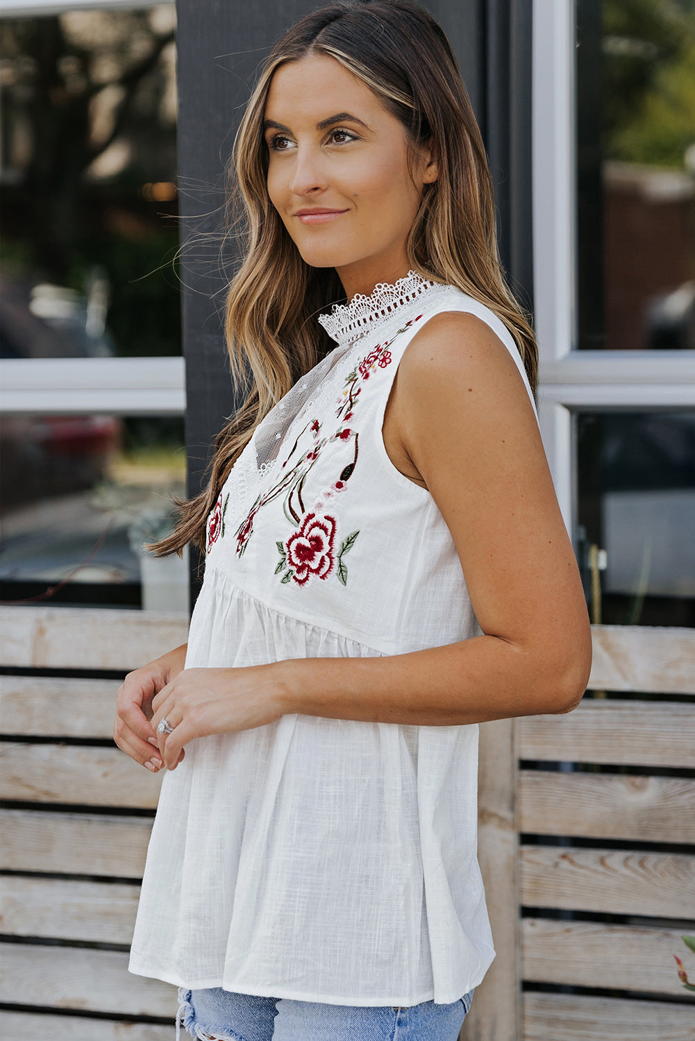 Embroidered Mock Neck Babydoll Tank-Teresa&#39;s Fashionista LLC