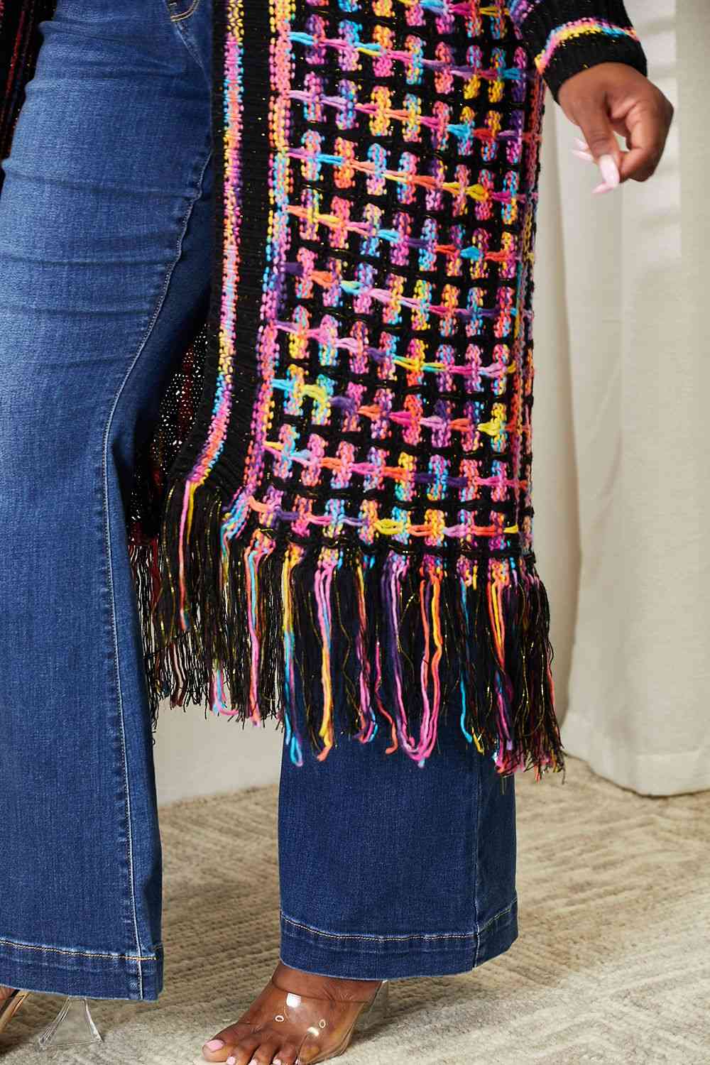 Double Take Full Size Multicolored Open Front Fringe Hem Cardigan-Teresa&#39;s Fashionista LLC