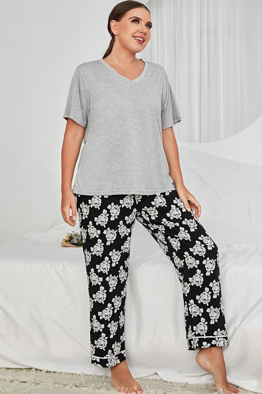 Plus Size V-Neck Tee and Floral Pants Lounge Set-Teresa&#39;s Fashionista LLC