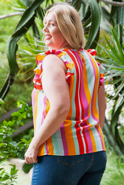 Plus Size Striped Round Neck Ruffled Tank-Teresa&#39;s Fashionista LLC