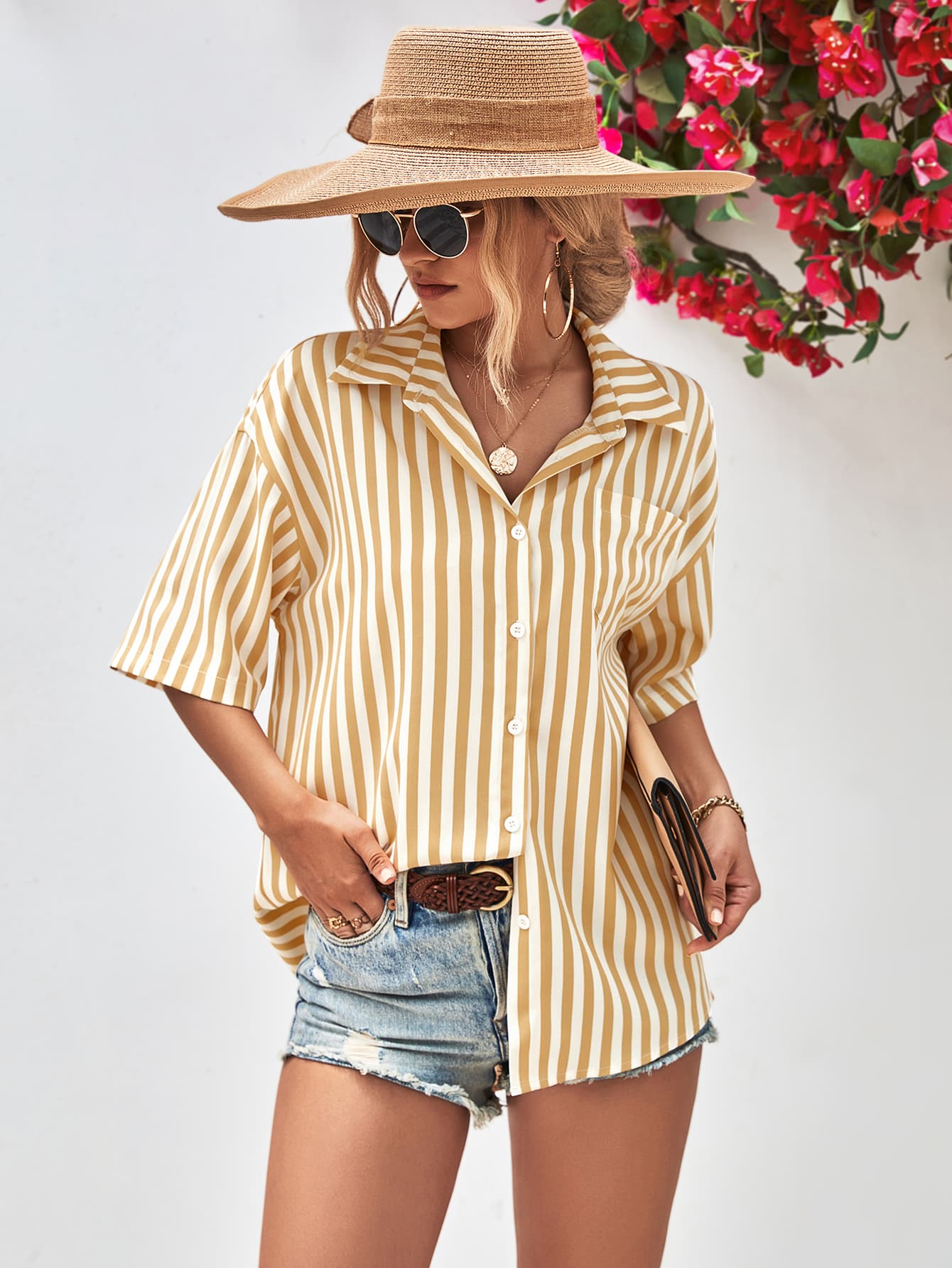 Striped Dropped Shoulder Half Sleeve Shirt-Teresa&#39;s Fashionista LLC