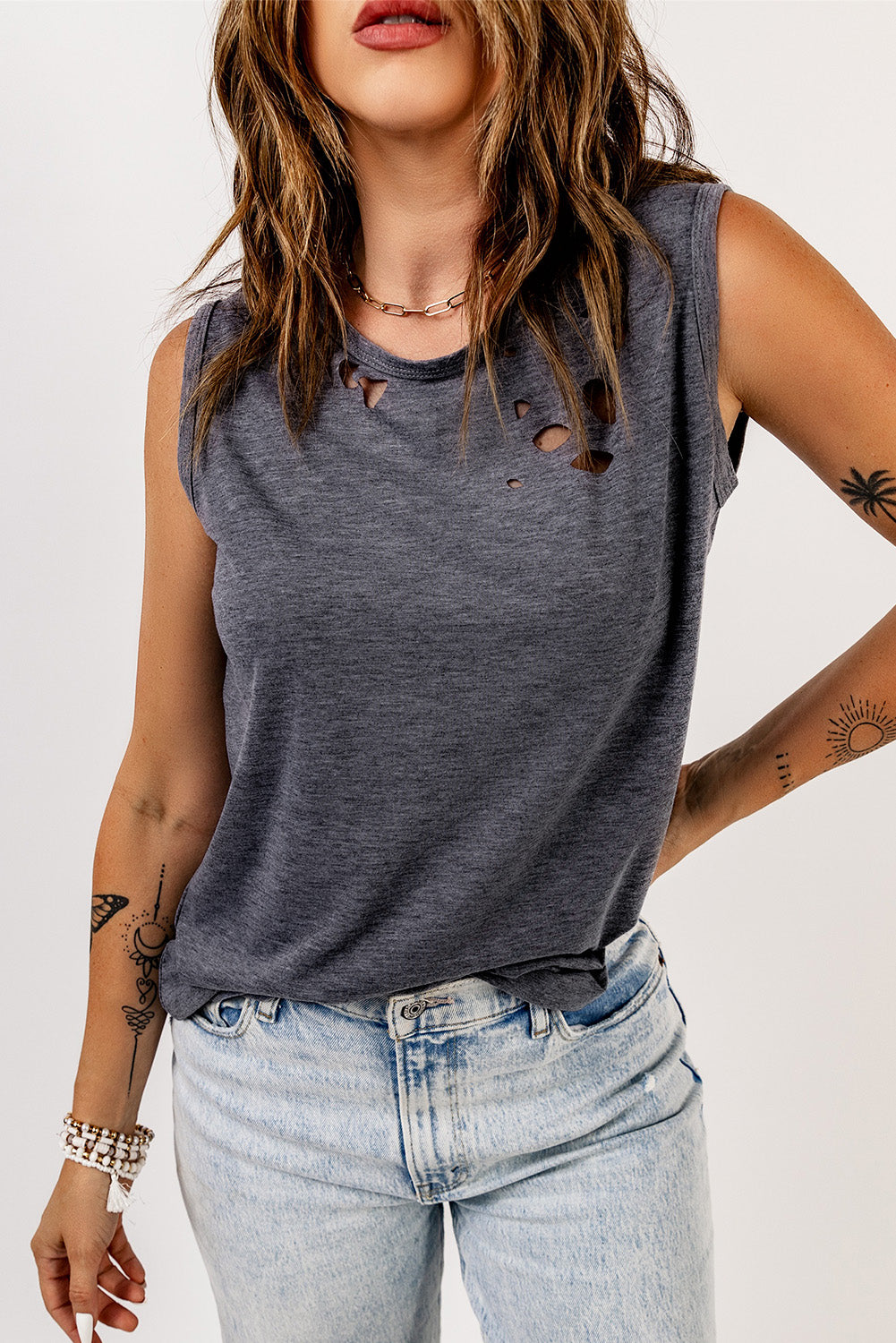 Distressed Round Neck Tank-Teresa&#39;s Fashionista LLC