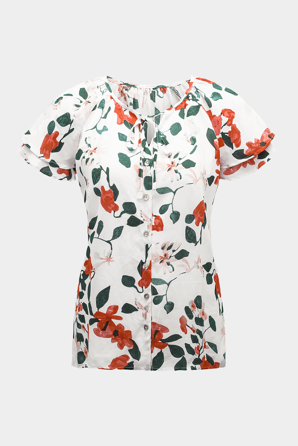 Floral Tie Neck Short Sleeve Shirt-Teresa&#39;s Fashionista LLC