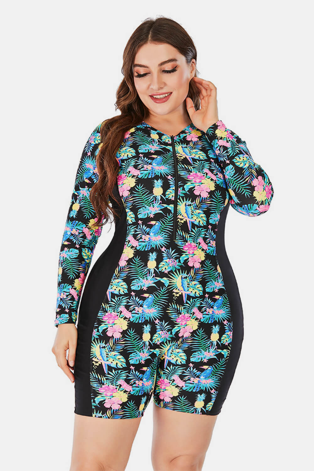 Plus Size Floral Zip Up Long Sleeve Short Wetsuit-Teresa&#39;s Fashionista LLC