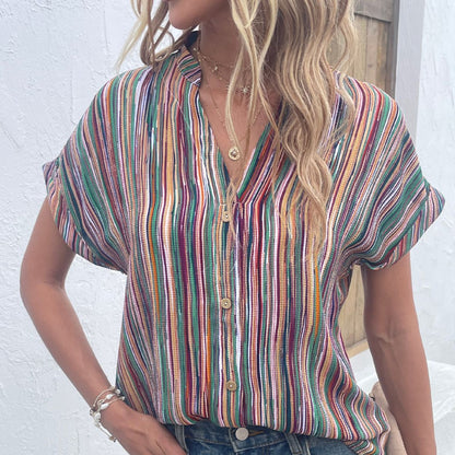 Multicolored Stripe Notched Neck Top-Teresa&#39;s Fashionista LLC