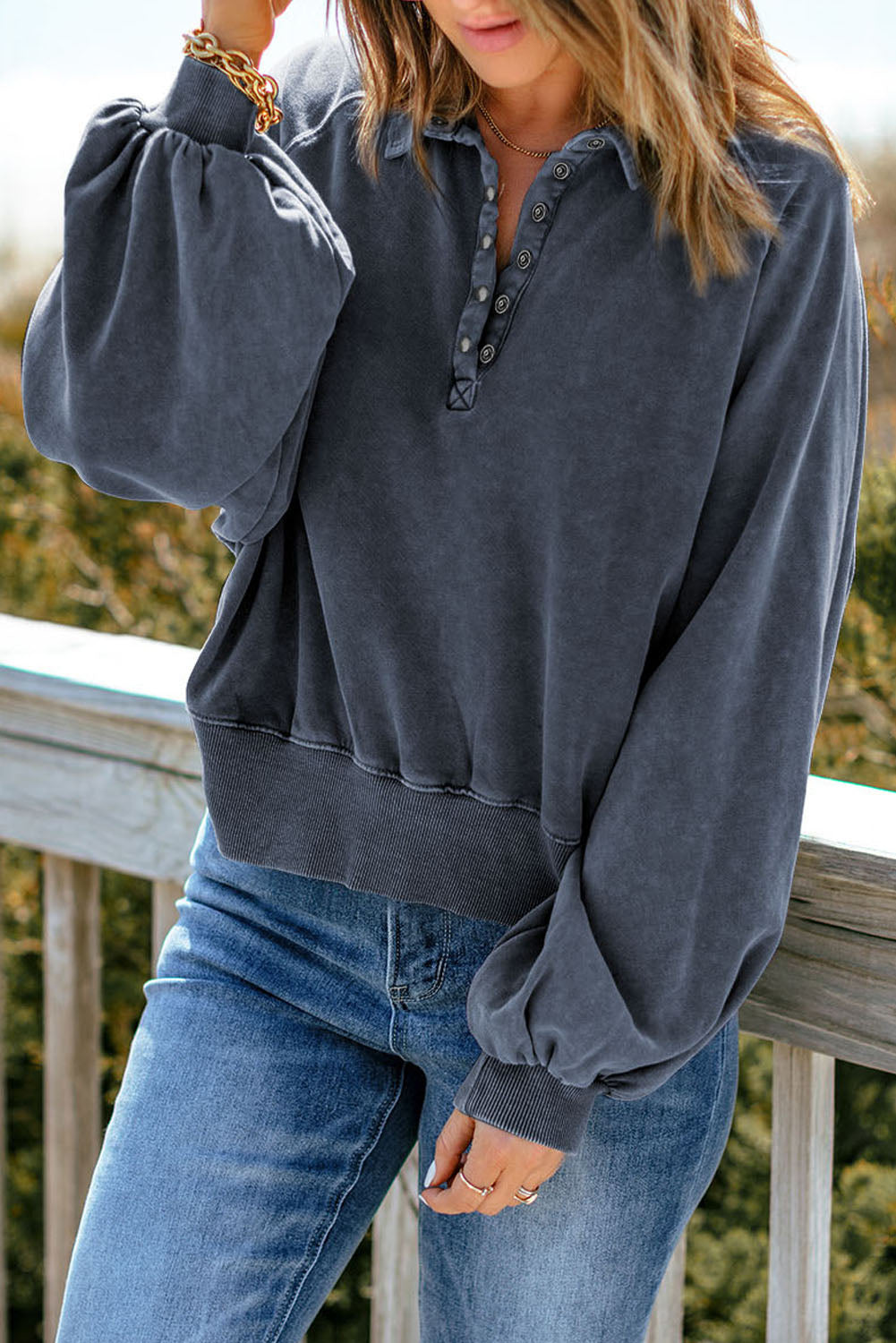 Quarter-Snap Collared Lantern Sleeve Sweatshirt-Teresa&#39;s Fashionista LLC