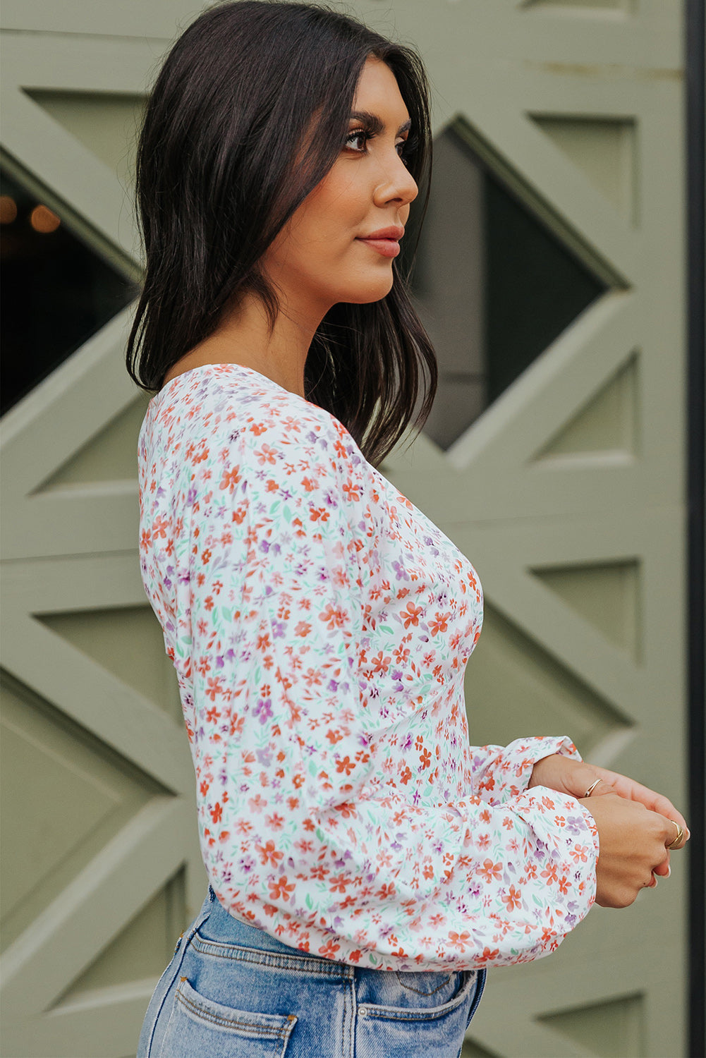 Ditsy Floral Long Sleeve Plunge Bodysuit-Teresa&#39;s Fashionista LLC