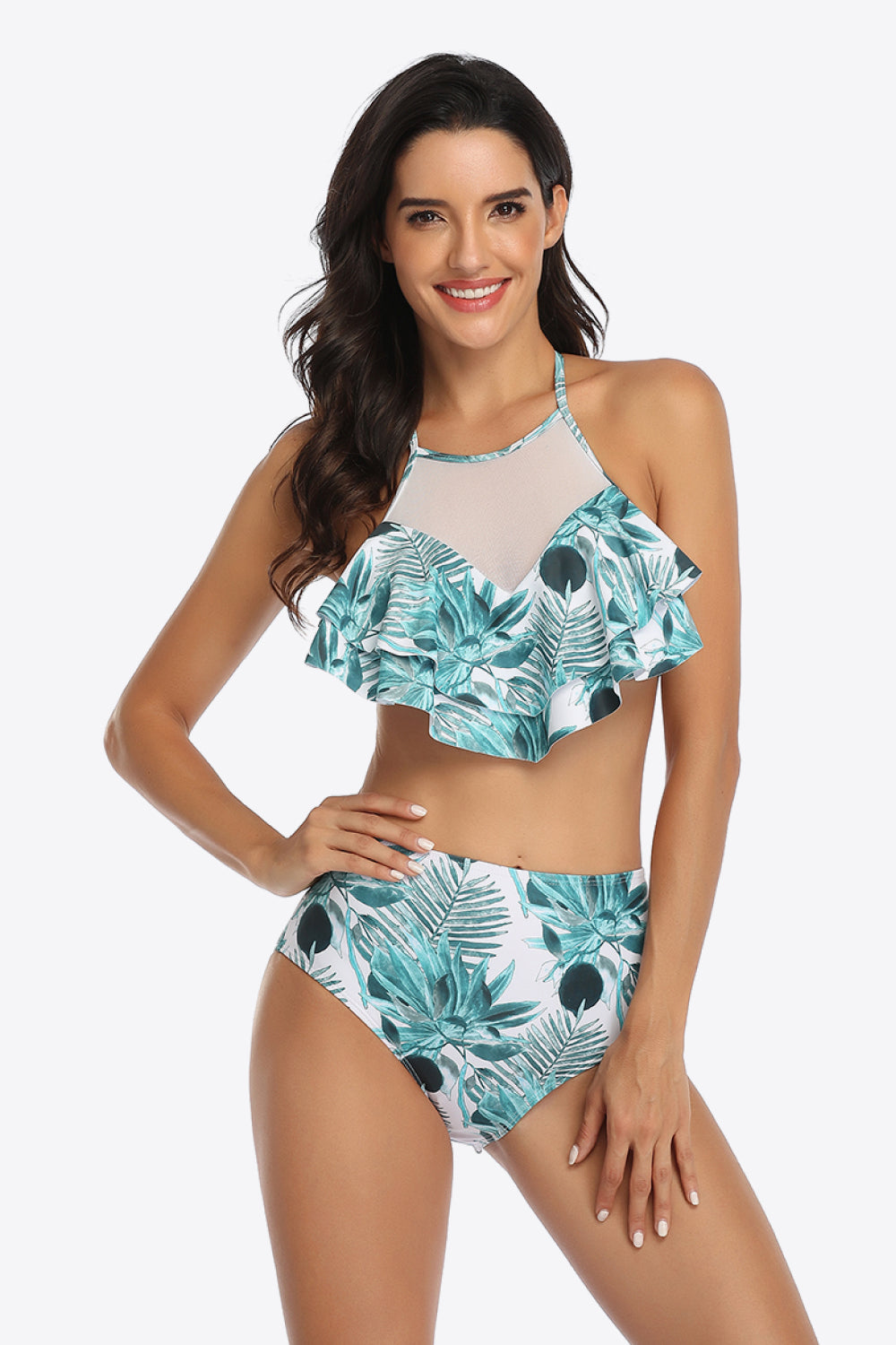 Tropical Print Ruffled Two-Piece Swimsuit-Teresa&#39;s Fashionista LLC