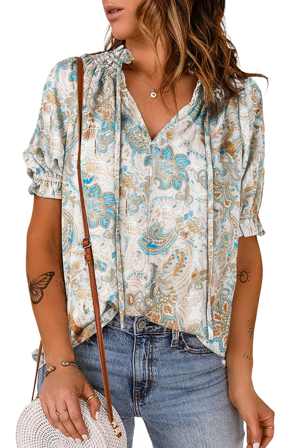 Printed Tie Neck Flounce Sleeve Top-Teresa&#39;s Fashionista LLC