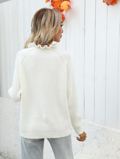 Button Detail Frill Neck Rib-Knit Sweater-Teresa&#39;s Fashionista LLC