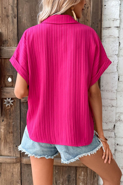 Textured Button-Up Cuffed Dolman Sleeve Shirt-Teresa&#39;s Fashionista LLC