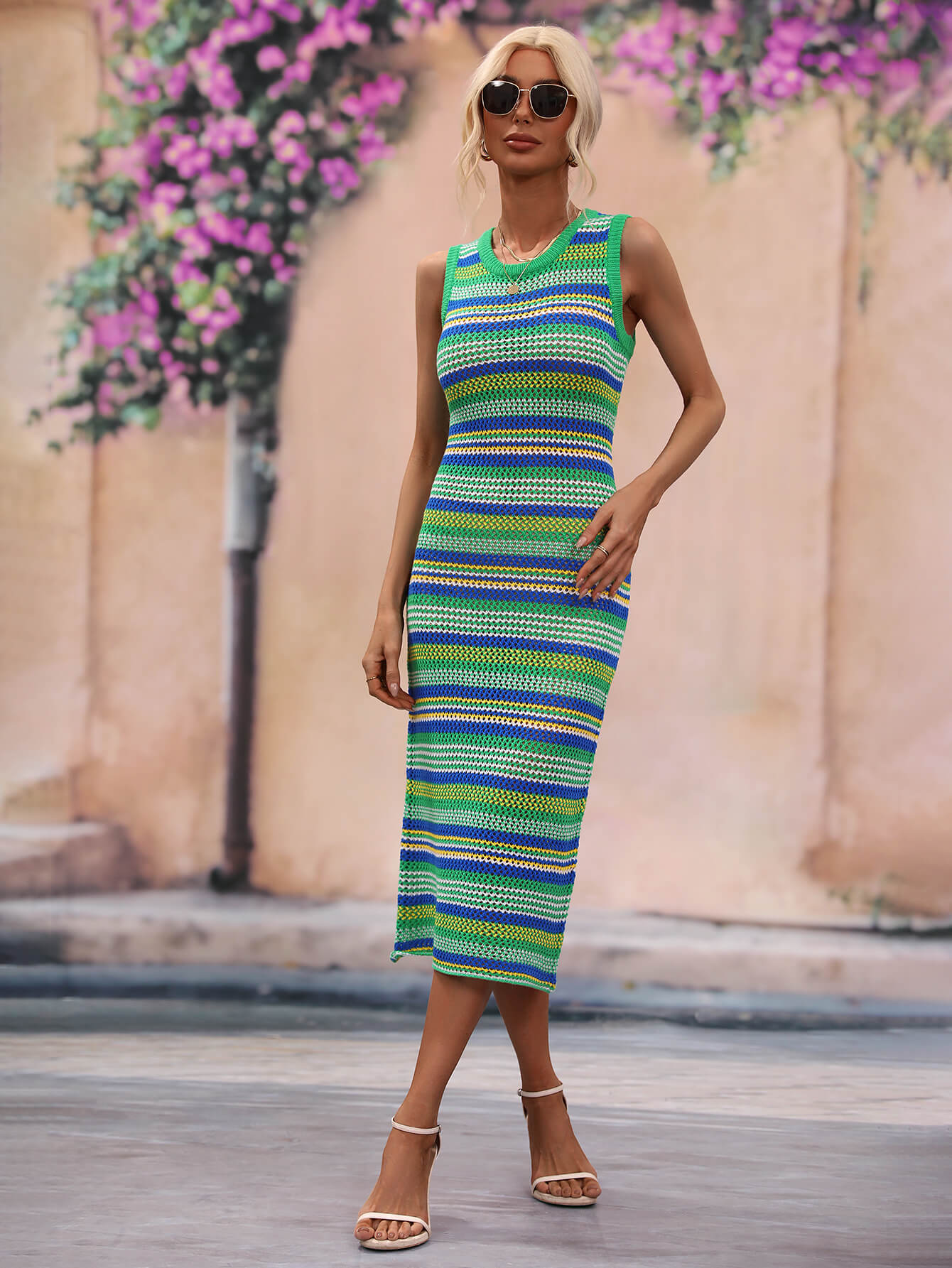 Striped Round Neck Sleeveless Midi Cover Up Dress-Teresa&#39;s Fashionista LLC