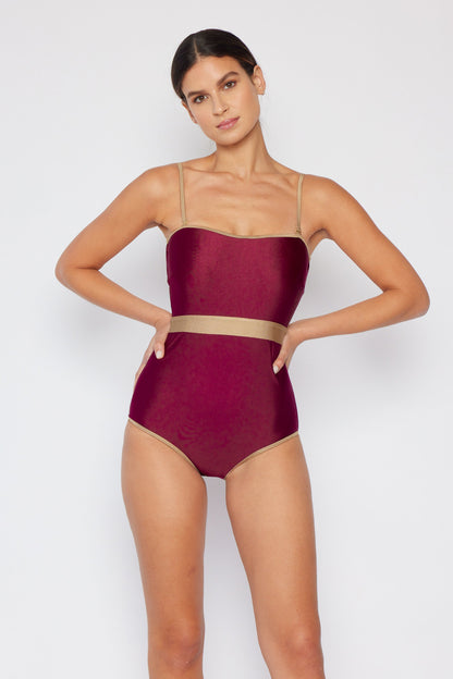 Marina West Swim Wave Break Contrast Trim One-Piece in Wine-Teresa&#39;s Fashionista LLC